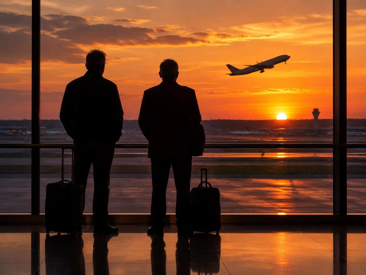 Silhouetten van twee vrienden voor de glazen gevel van een luchthaven bij zonsondergang