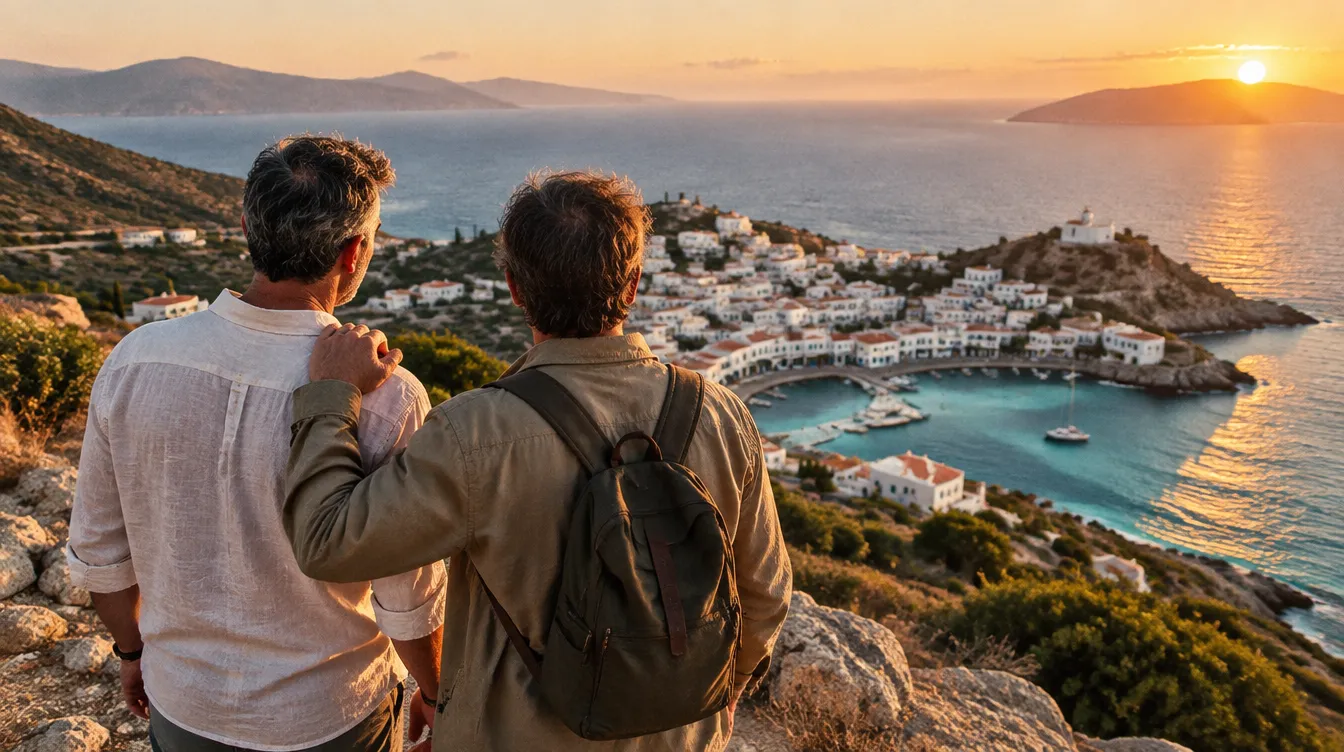 Jeff en Fabrice, van achteren gezien, voor een Griekse baai bij zonsondergang