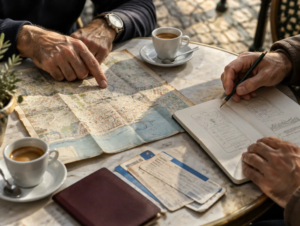 Een kaart van Lissabon, twee kopjes koffie en een notitieboekje met de eerste schermschetsen van Voooya