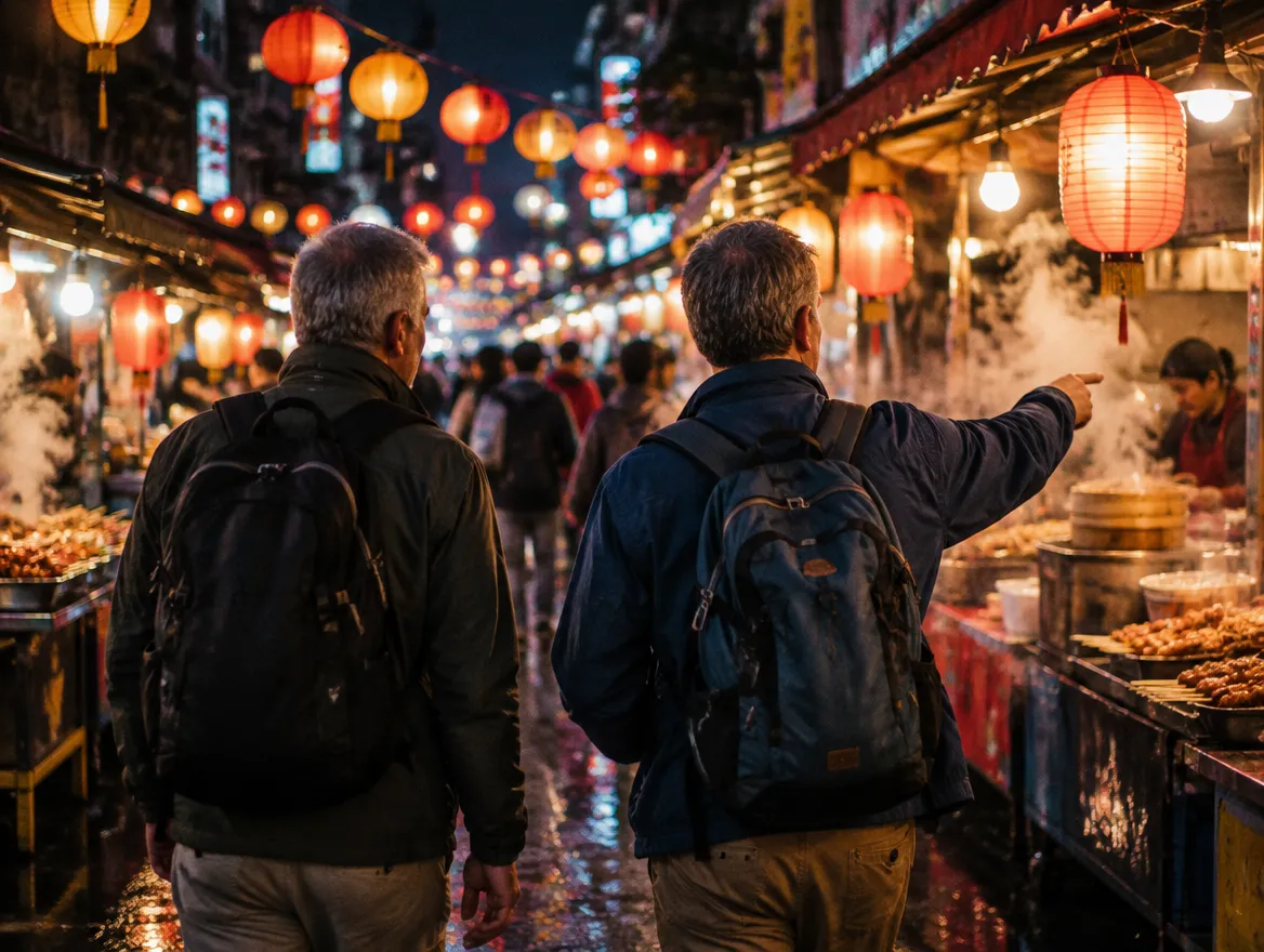 Twee reizigers, van achteren gezien, op een nachtmarkt verlicht door lampionnen