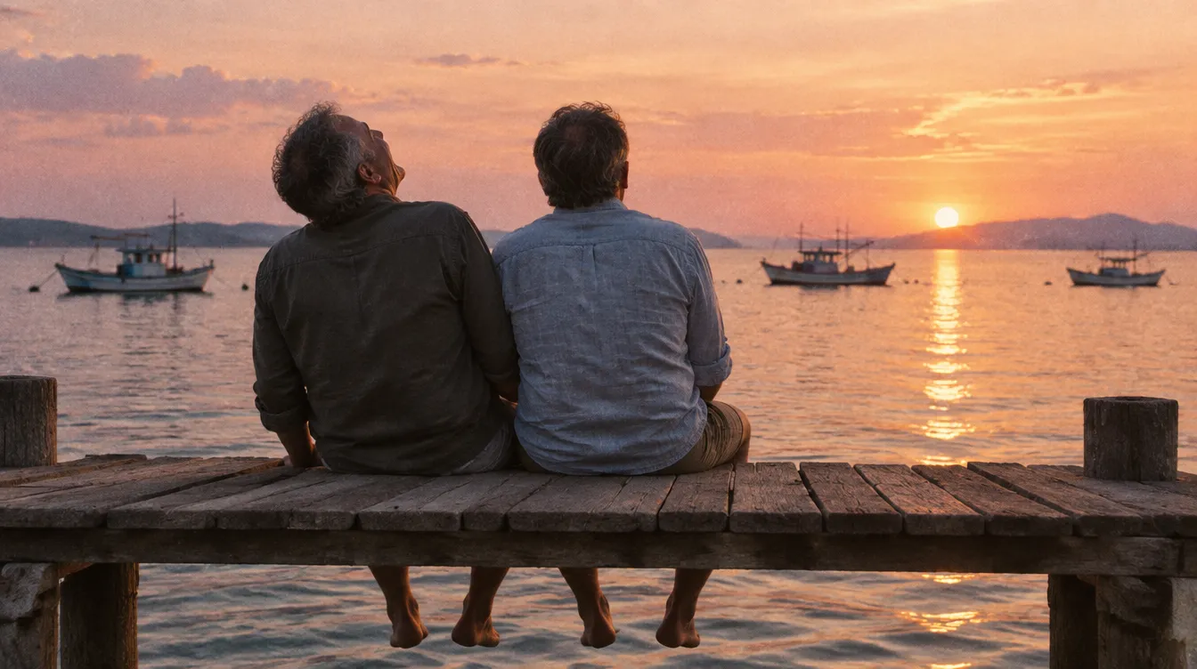 Twee vrienden op een steiger bij zonsondergang, met hun voeten boven het water